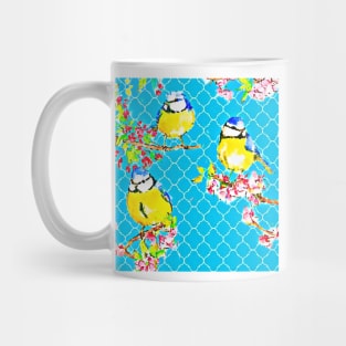 Yellow tit birds on blue lattice background Mug